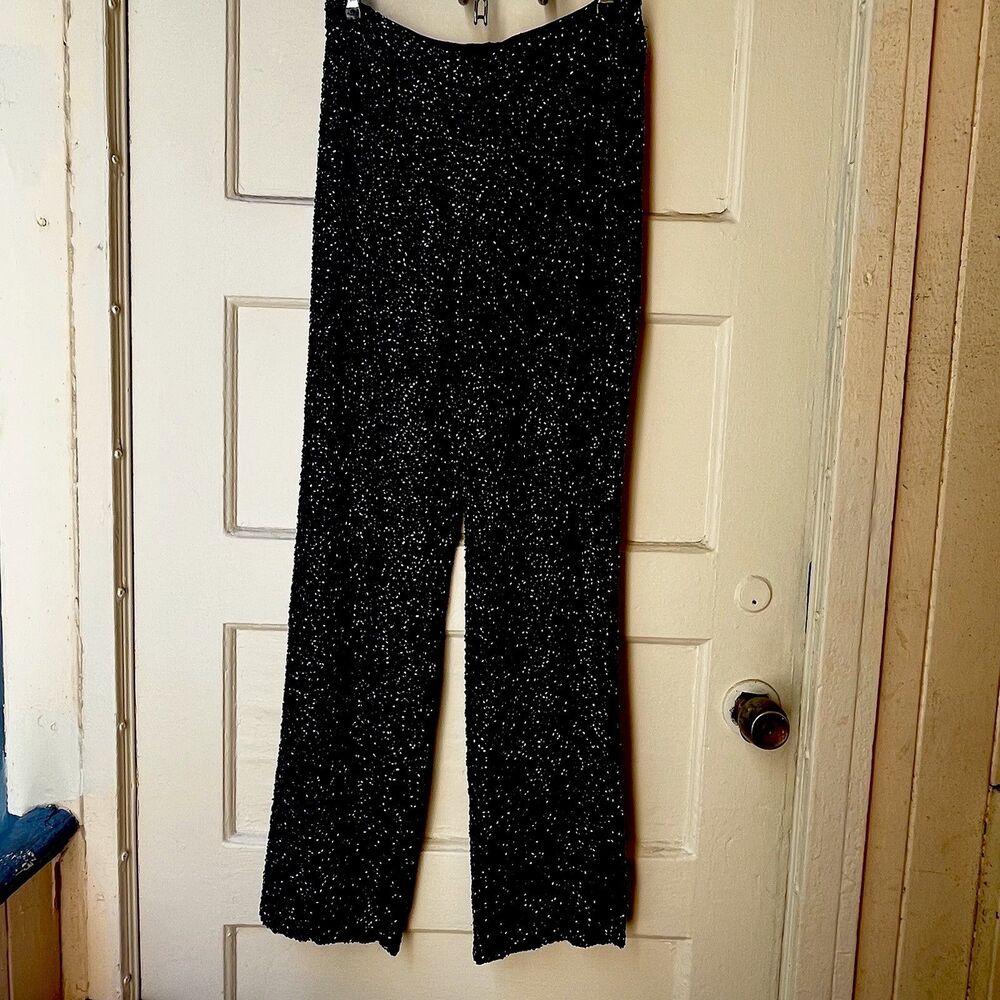 INC Silk Pants 2P Black Sequin High-Rise Straight Leg Festival Disco Event Party